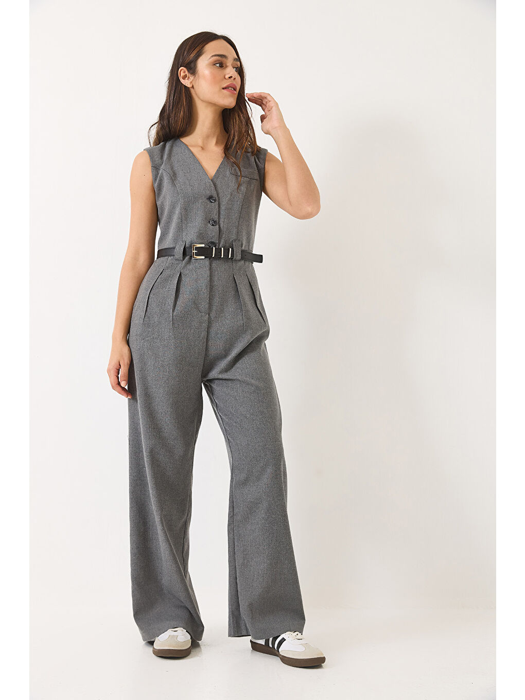 Antrasit Kadın V Yaka Kemerli Cepli Geniş Paça Tulum-4