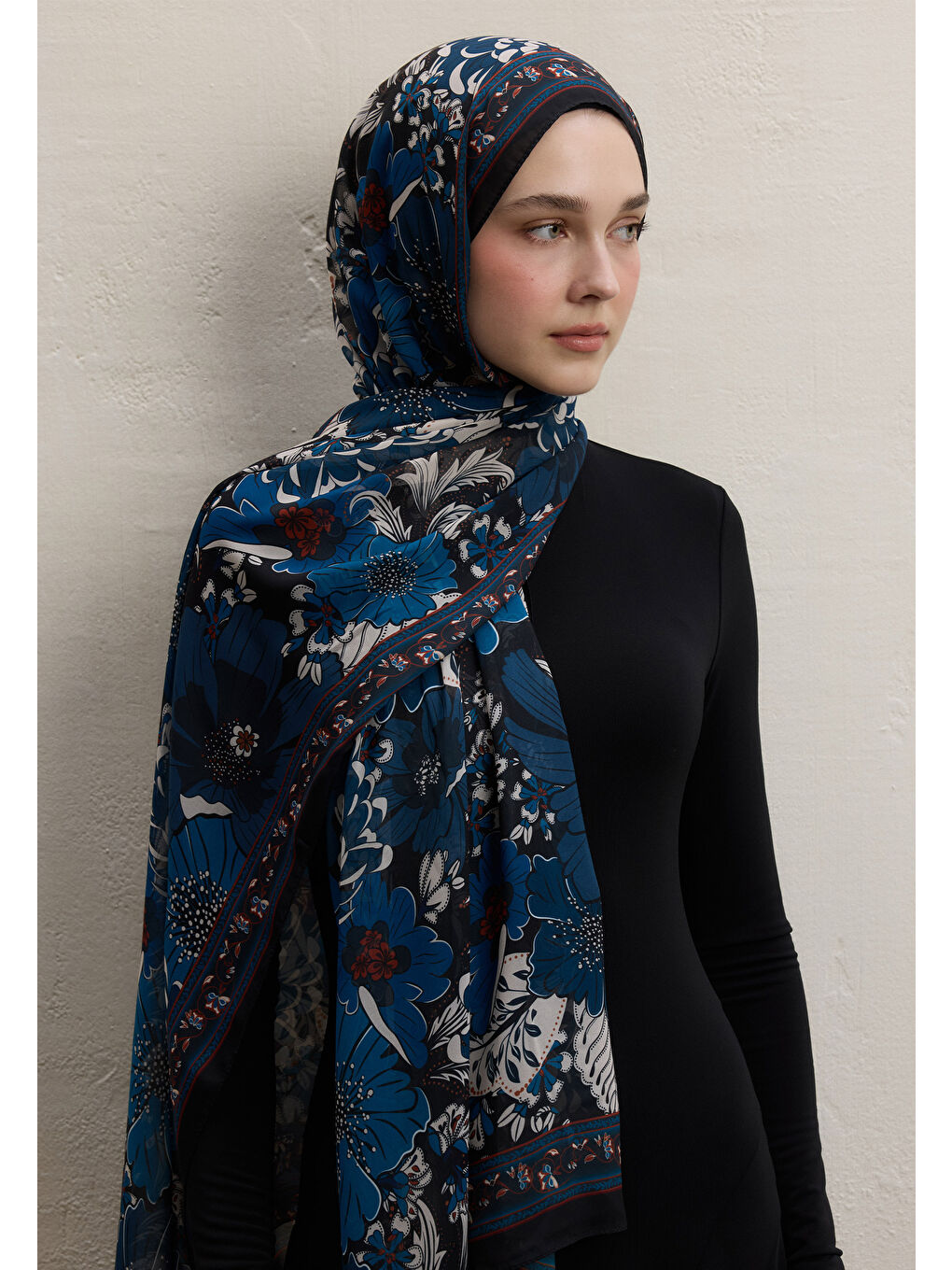 Dahlıa Desen İpek Krep Şal Gece Mavisi