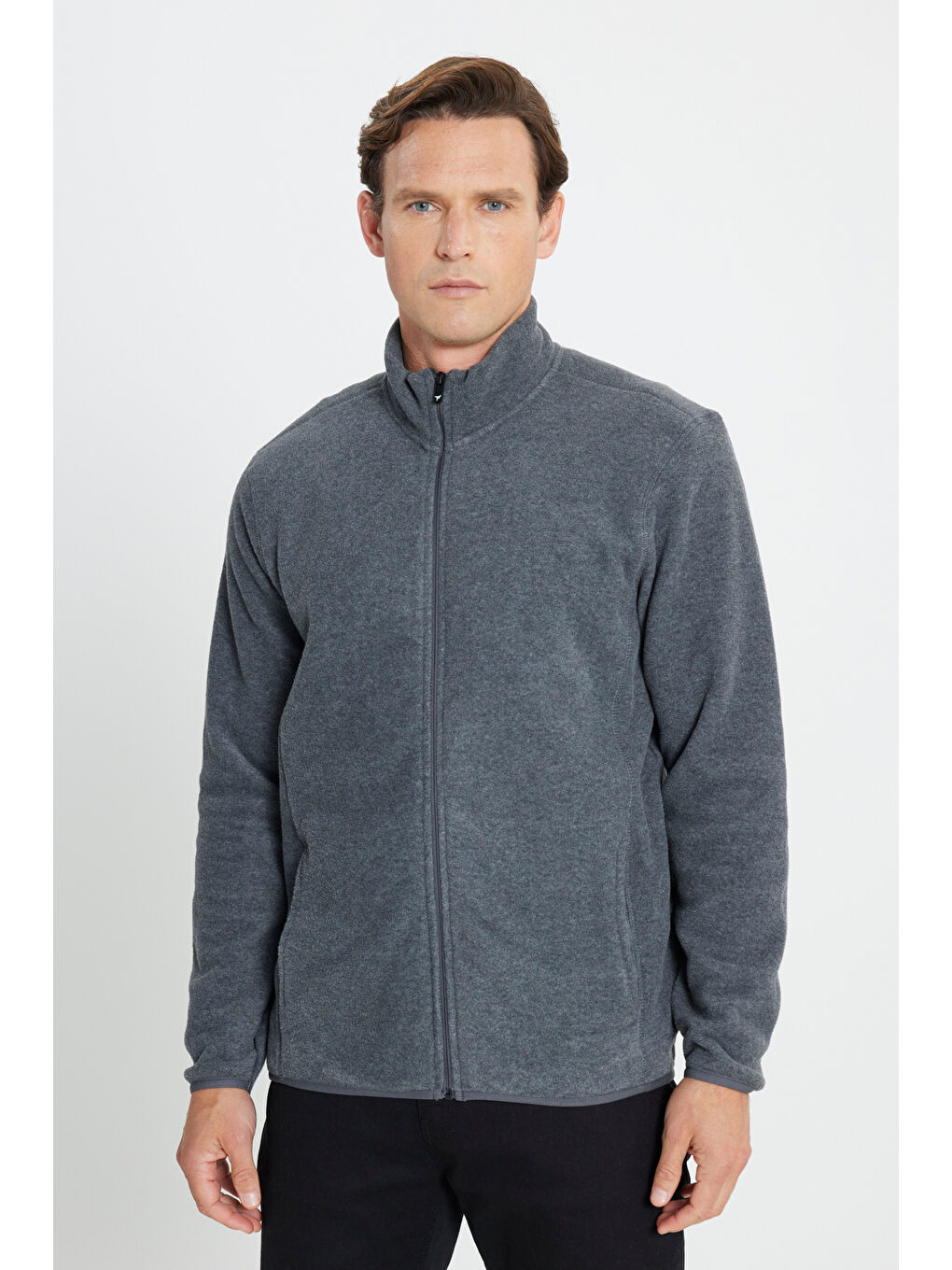 Erkek Antrasit Anti-Pilling Tüylenme Yapmayan Standart Fit Bato Yaka Sweatshirt Polar Ceket