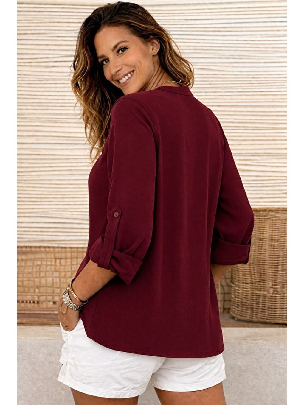 Bordo Kadın Truvakar Kol Hakim Yakalı Yandan Düğme Detaylı Aerobin Bluz-2