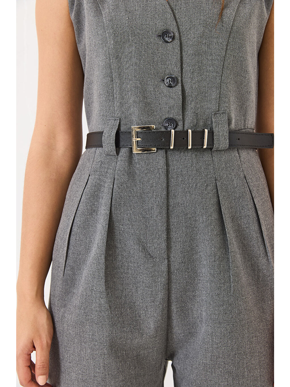 Antrasit Kadın V Yaka Kemerli Cepli Geniş Paça Tulum-5