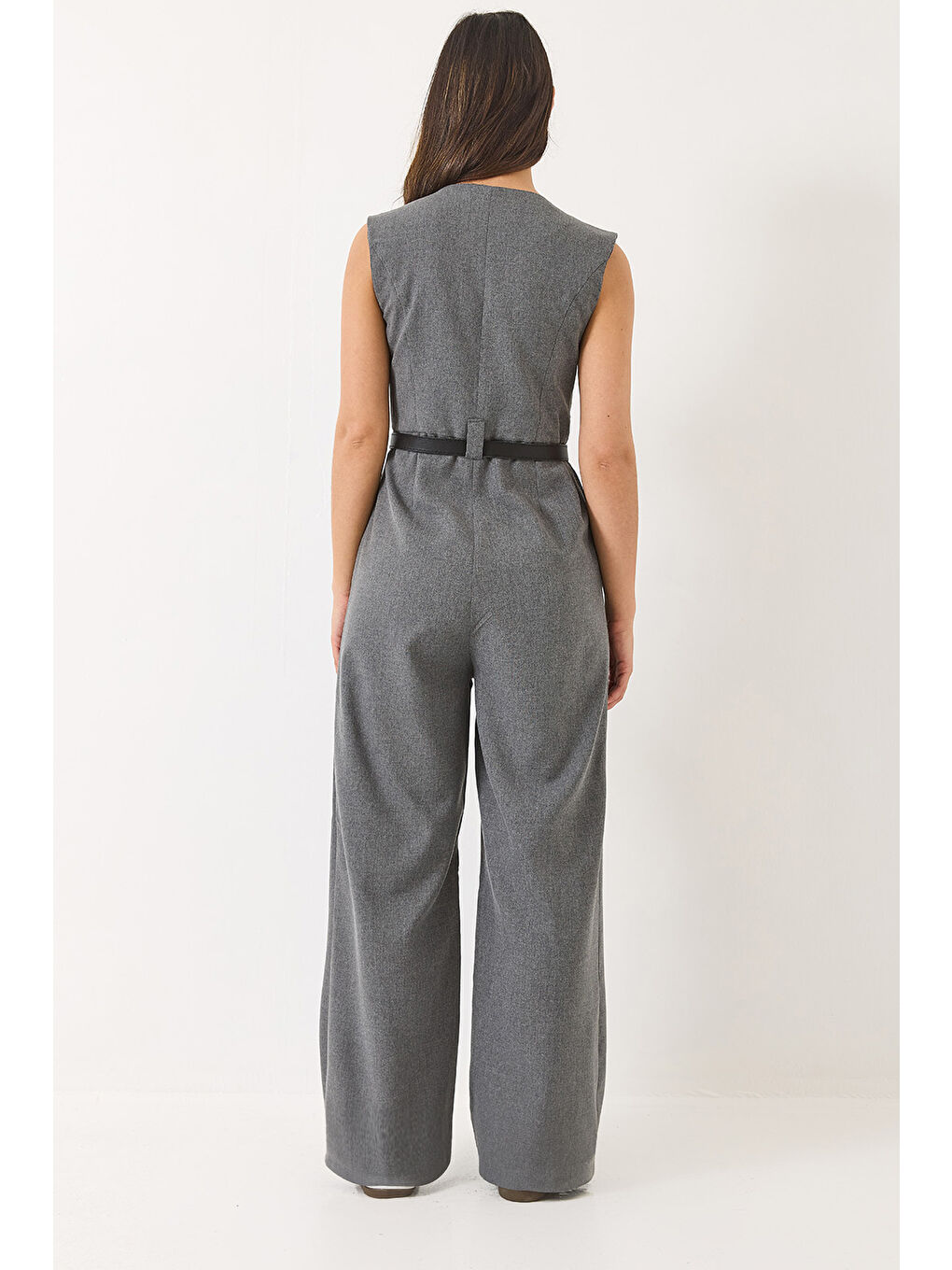 Antrasit Kadın V Yaka Kemerli Cepli Geniş Paça Tulum-6