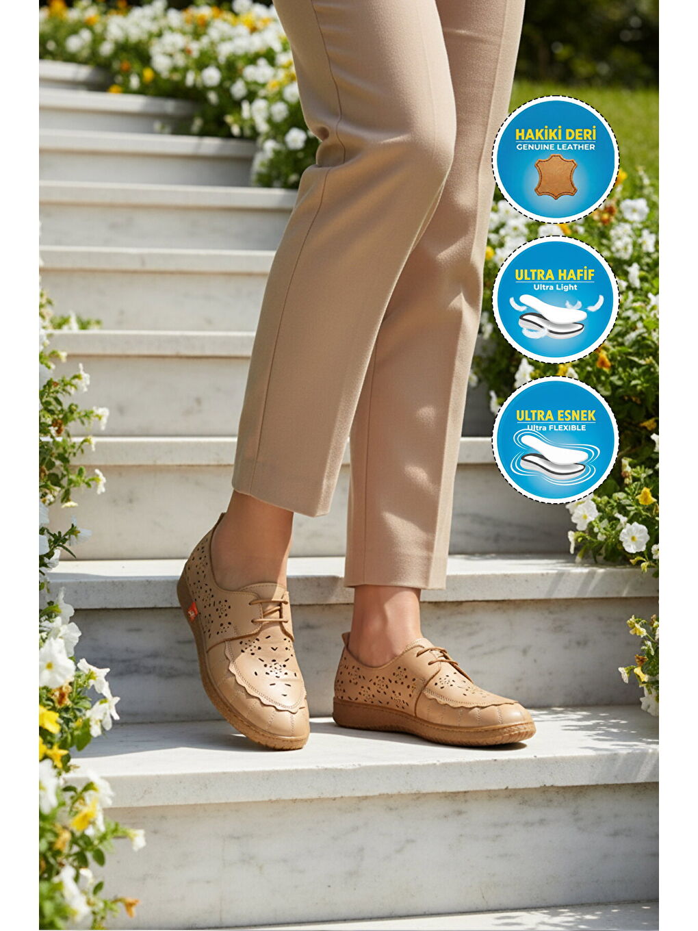 Bej Nude Hakiki Deri Kadın Casual Ayakkabı 2084 Z-2