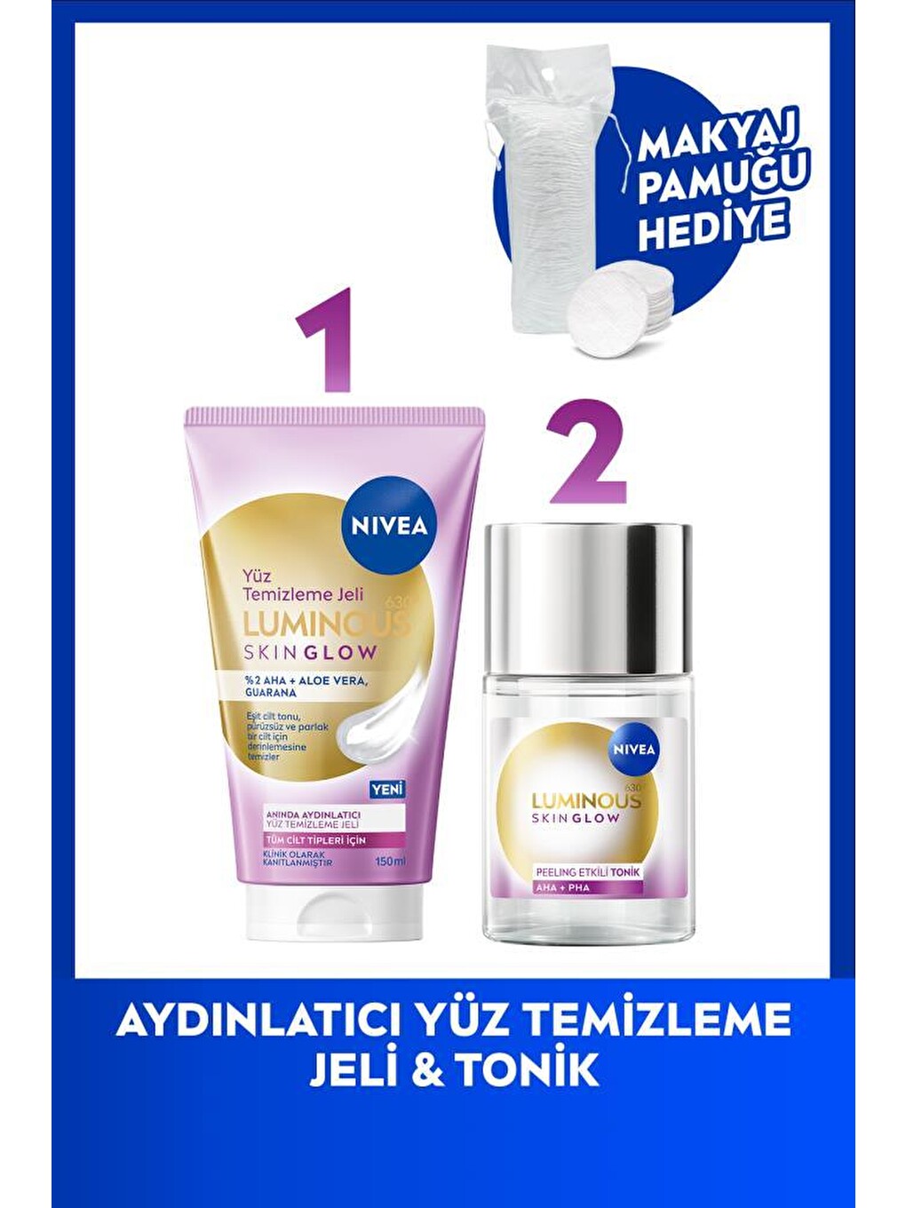 Skin Glow Aydınlatıcı Bakım Seti, Yüz Temizleme Jeli 150ml Ve Peeling Etkili Tonik, Pamuk Hediye