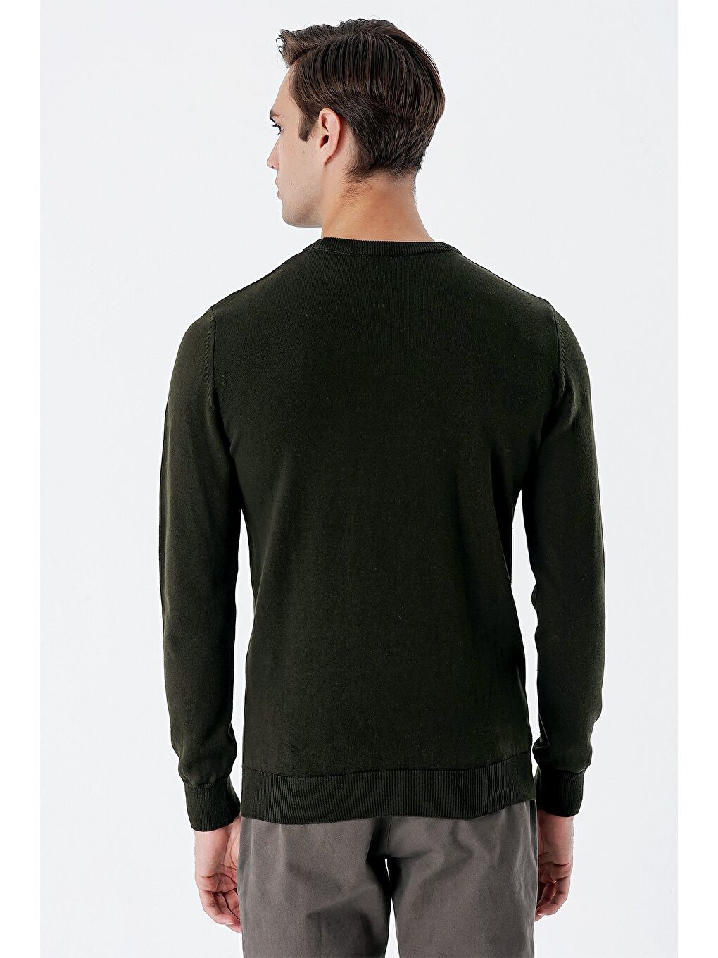 Koyu Haki Uzun Kollu Desenli Bisiklet Yaka Pamuklu Klasik Comfort Fit Triko 1012235158-6