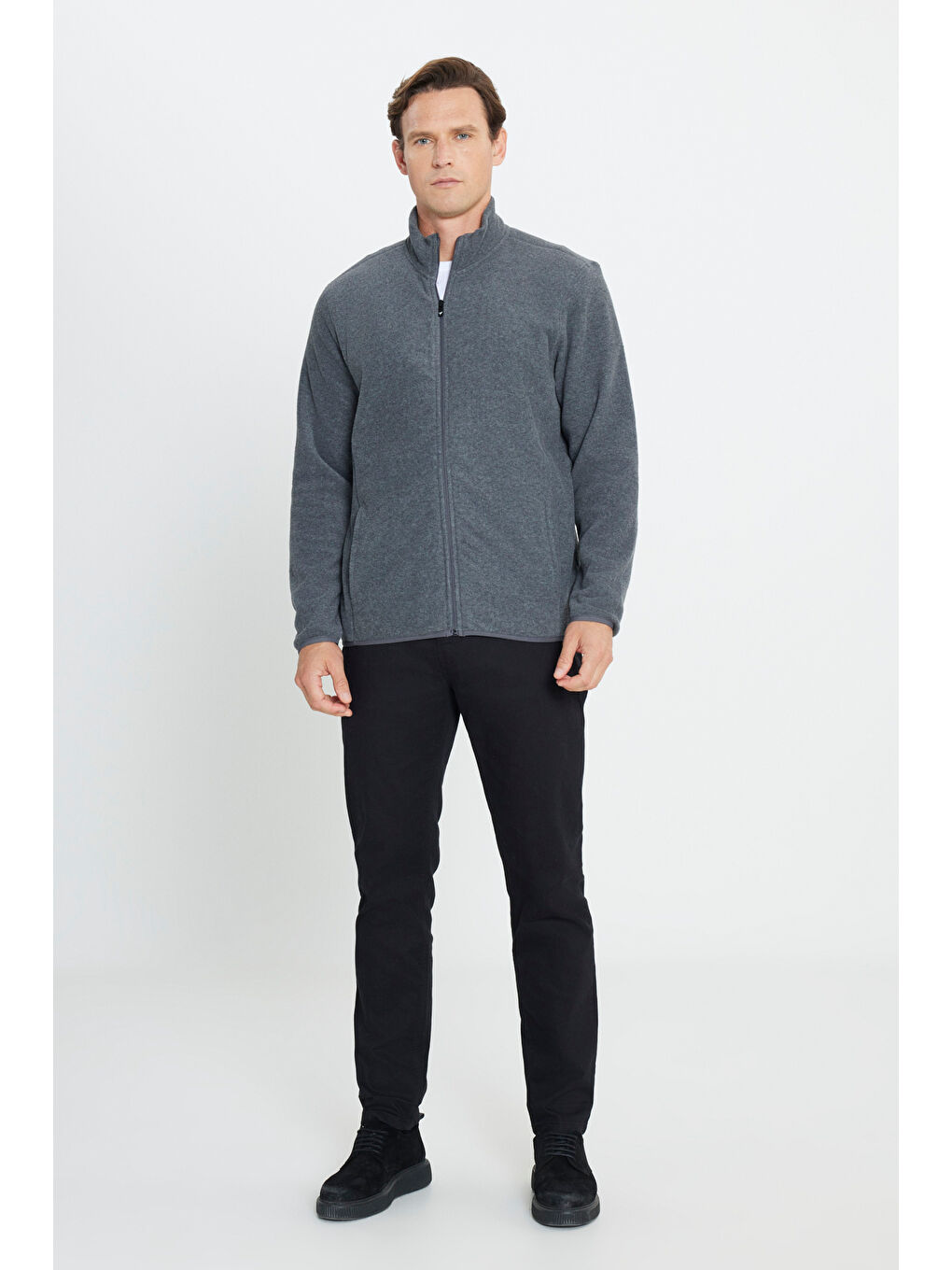 Erkek Antrasit Anti-Pilling Tüylenme Yapmayan Standart Fit Bato Yaka Sweatshirt Polar Ceket-1