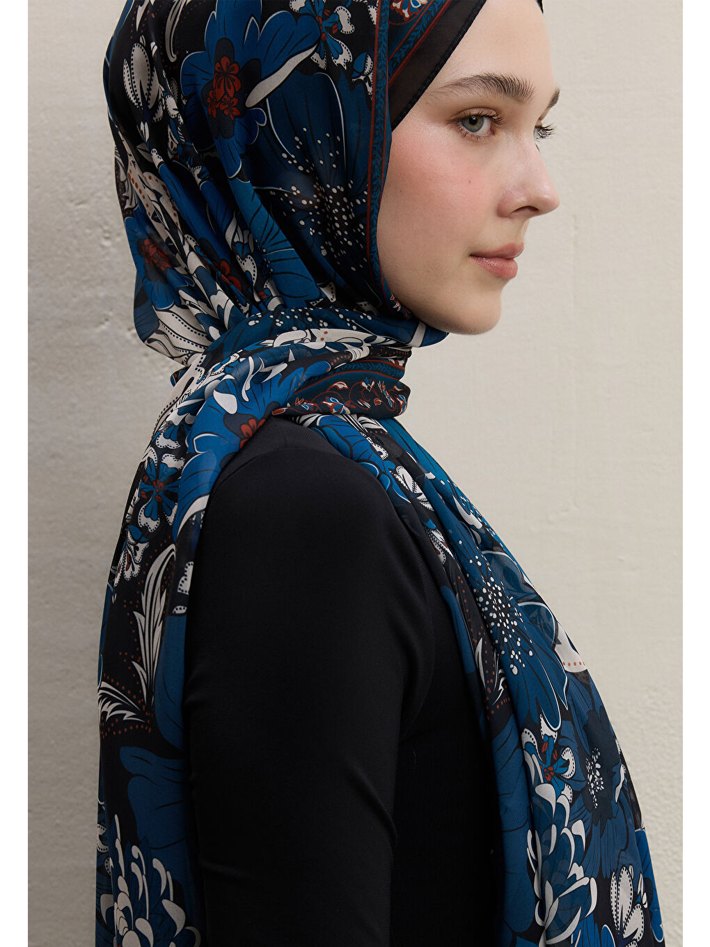 Dahlıa Desen İpek Krep Şal Gece Mavisi-3