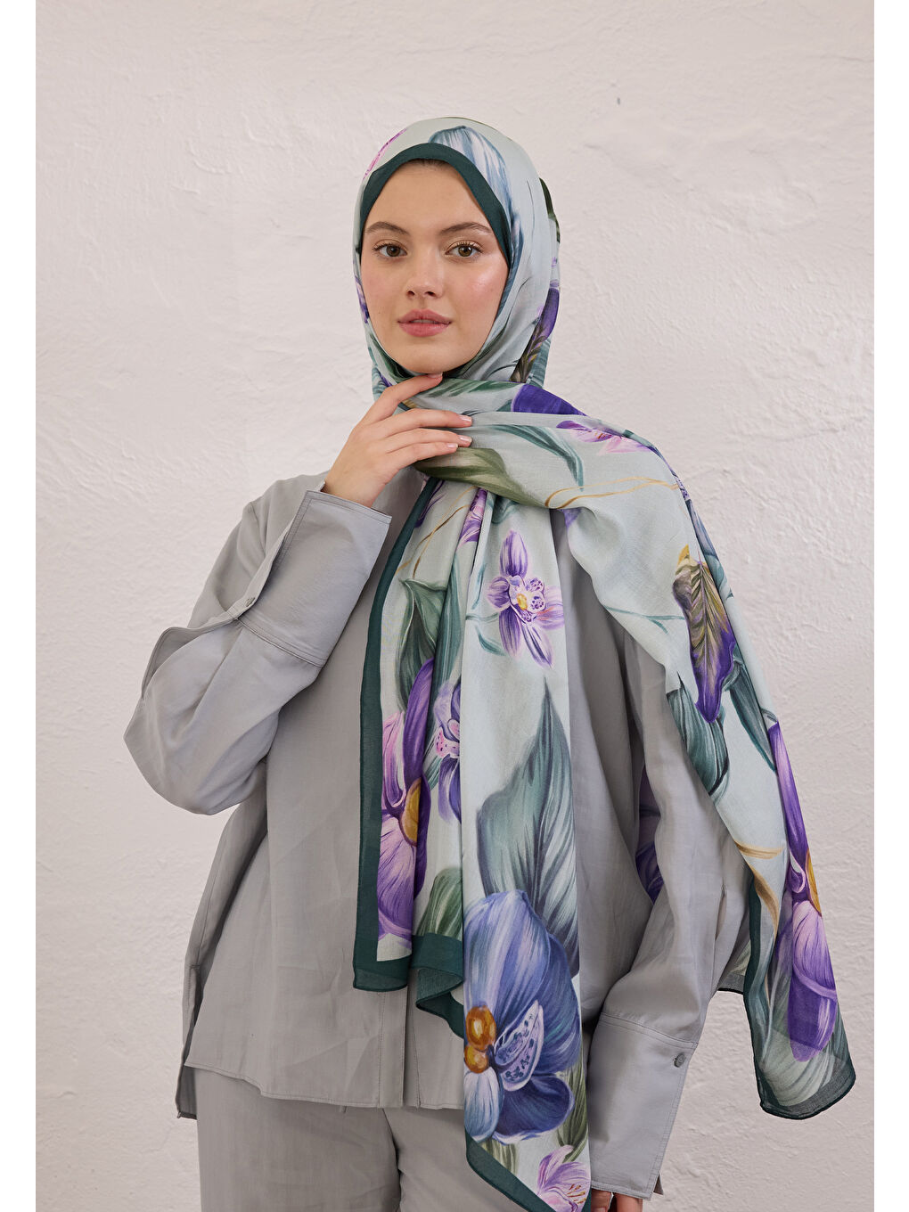 Elegant Flower Desen Rami Şal Mint Yeşili