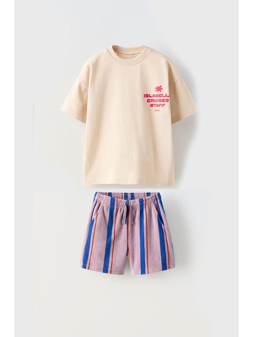 Ekru Erkek Cocuk Yazı Baskılı Tshirt Ve Altı Çizgili Şort Alt Üst Takım