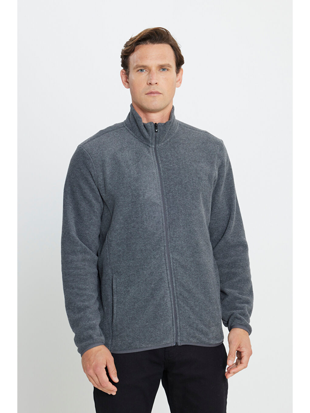 Erkek Antrasit Anti-Pilling Tüylenme Yapmayan Standart Fit Bato Yaka Sweatshirt Polar Ceket-2