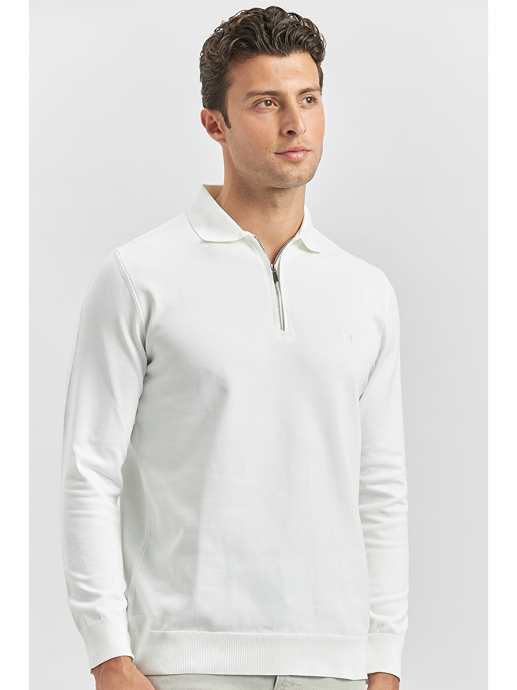 Kahverengi Açık Krem Uzun Kollu Örme Polo Yaka Slim Fit Dar Kesim Triko 1012245150