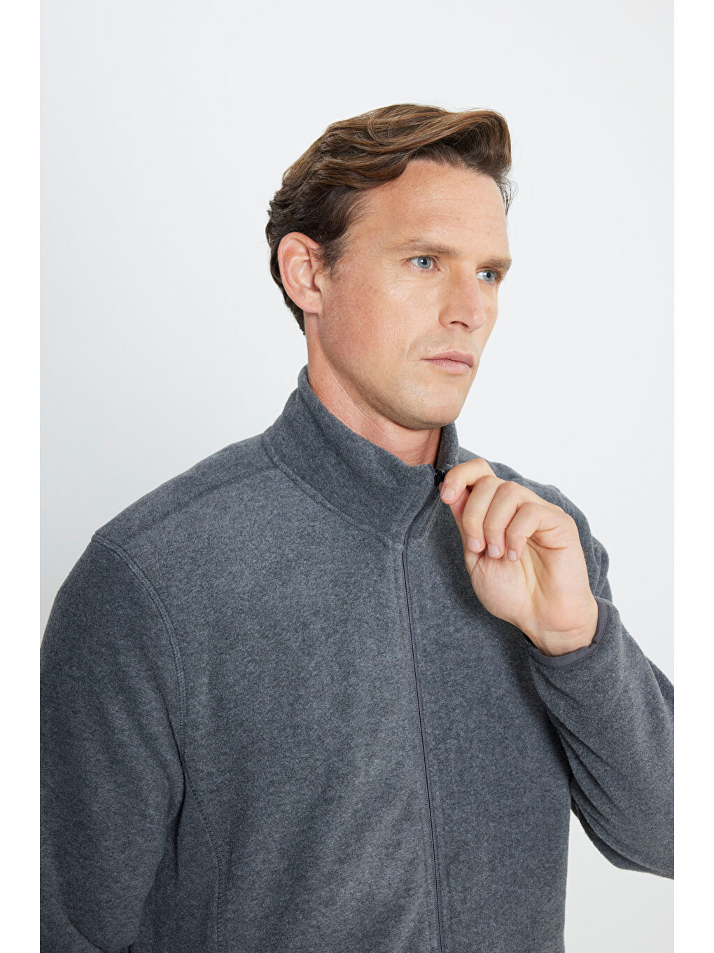 Erkek Antrasit Anti-Pilling Tüylenme Yapmayan Standart Fit Bato Yaka Sweatshirt Polar Ceket-3