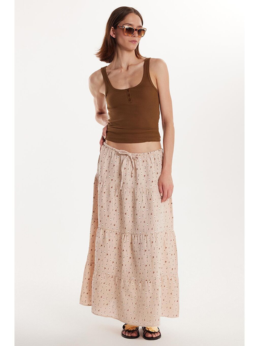 Karışık Kadın Standart Fit Beli Lastikli Bağlamalı Baskılı Etek-1