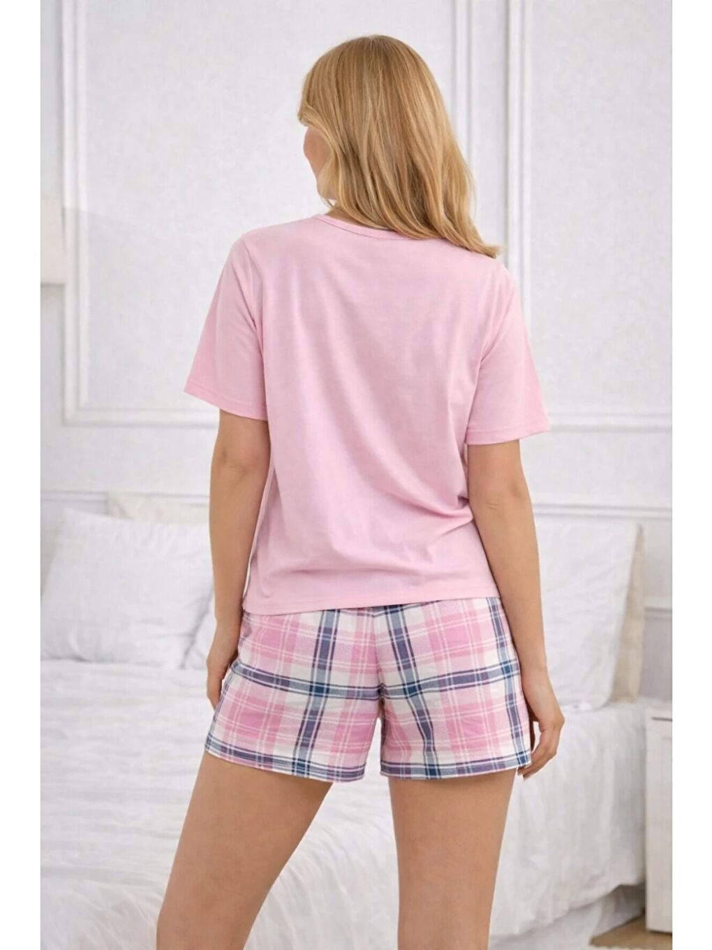 Kalp Baskılı Ekose Şortlu Kadın Pijama Takımı Pembe-2