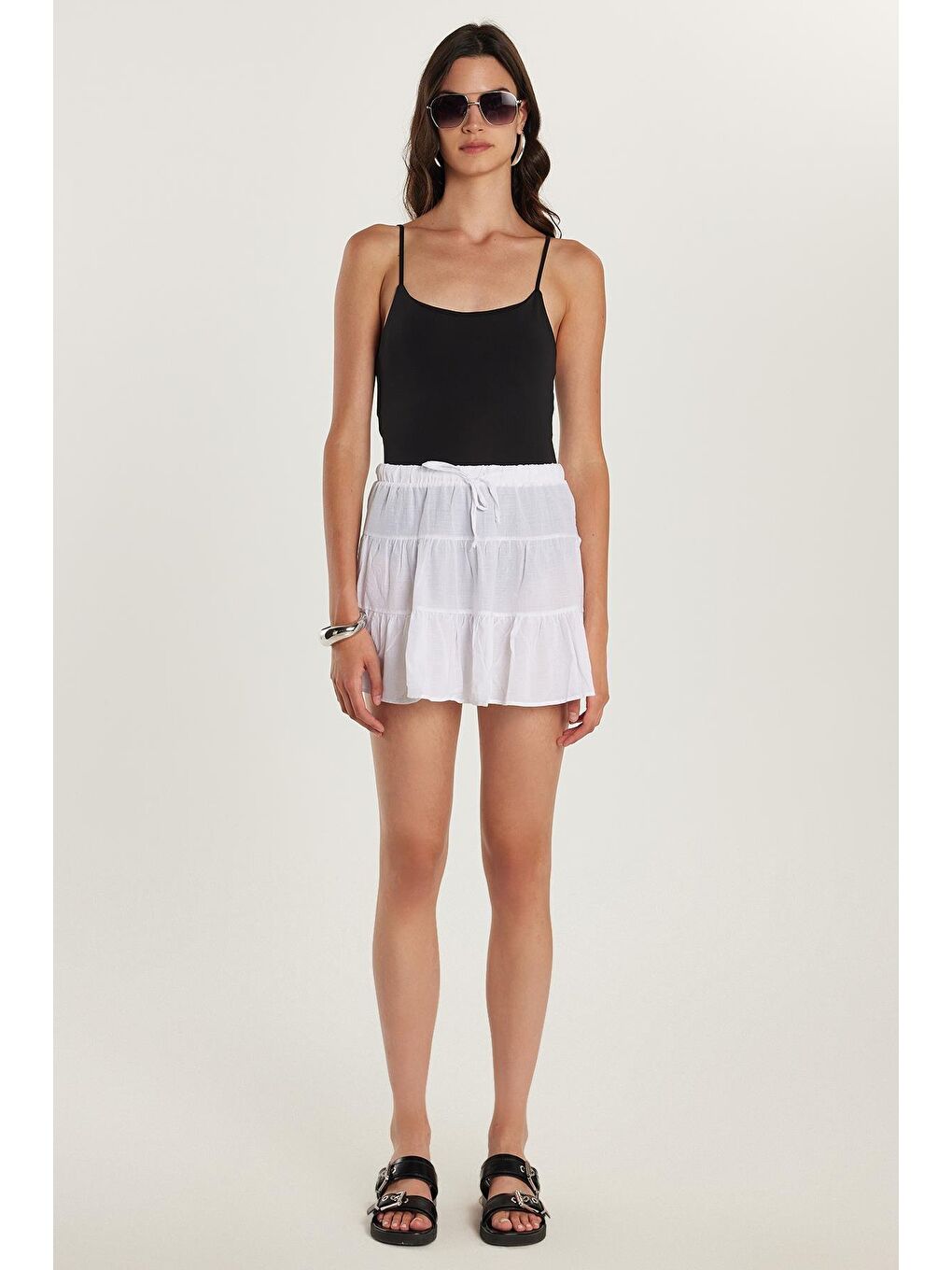 Kadın Relax Fit Bağlama Detaylı Beli Lastikli Beyaz Etek-3