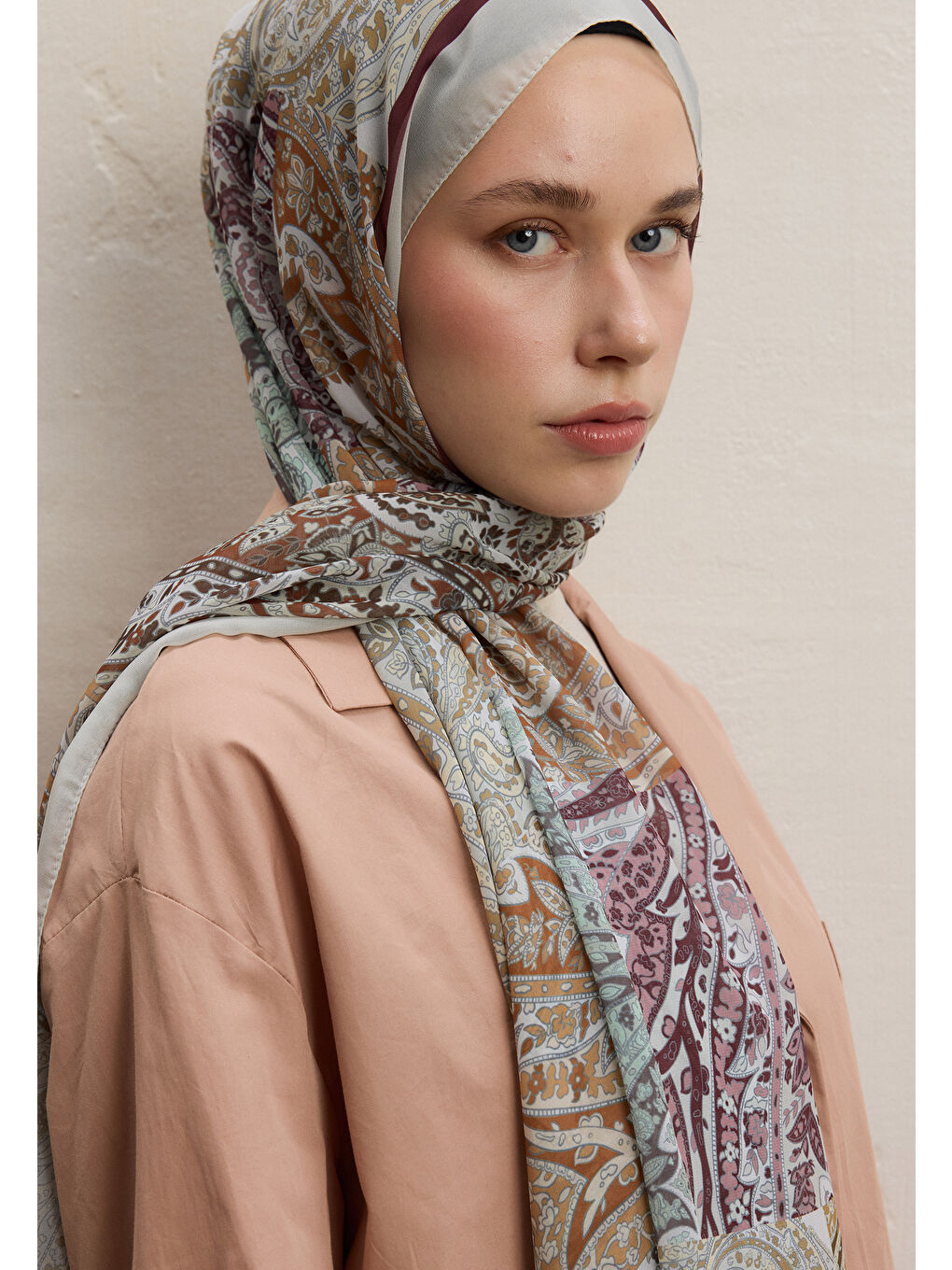 Kahverengi Paısley Patch Desen İpek Krep Şal Toprak-1