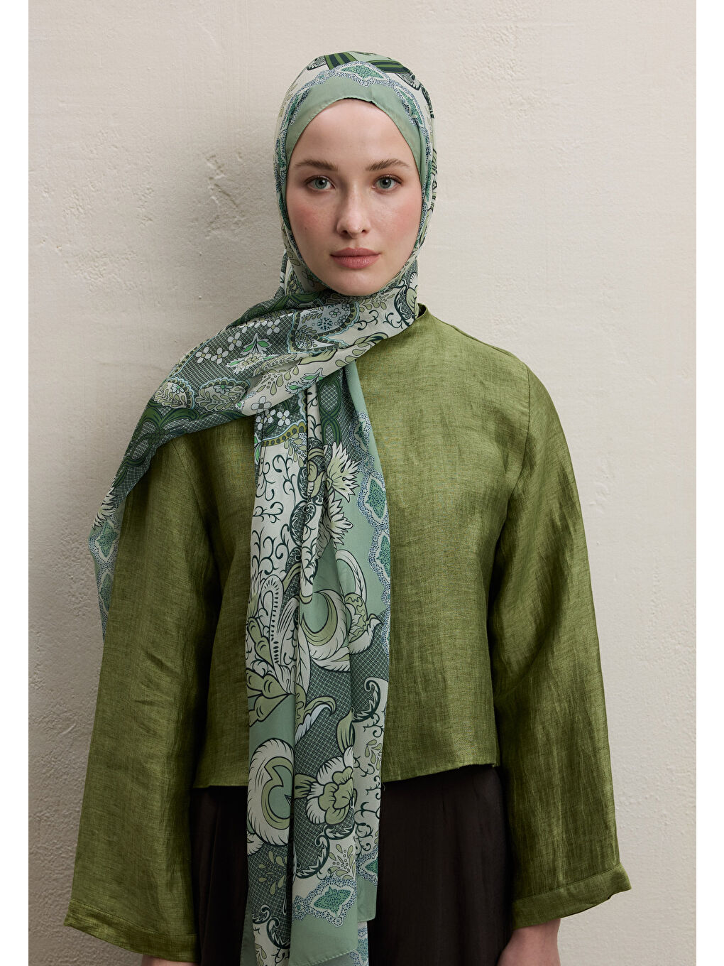 Yeşil Poppıes Desen İpek Krep Şal Çağla-1