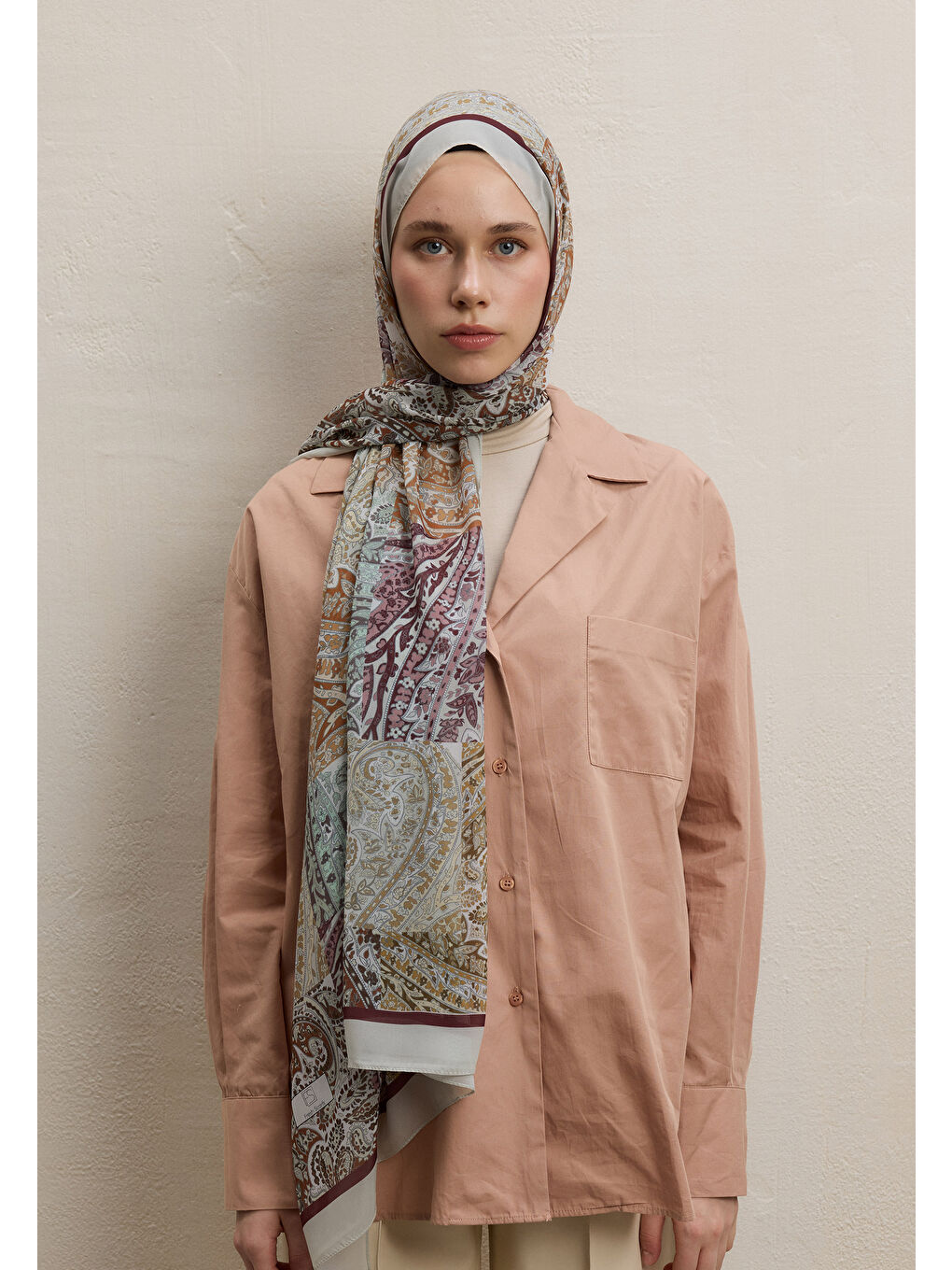 Kahverengi Paısley Patch Desen İpek Krep Şal Toprak-2