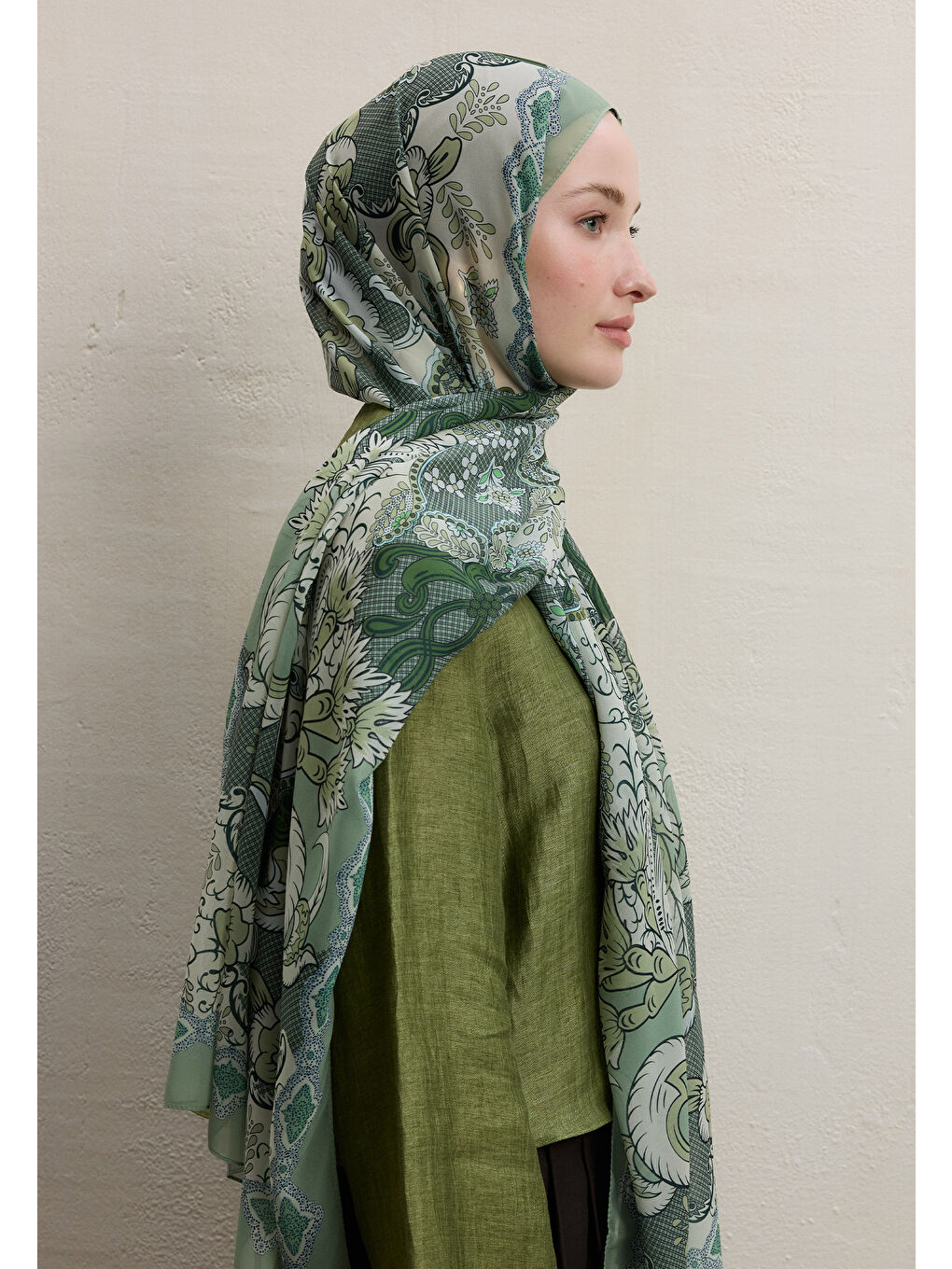 Yeşil Poppıes Desen İpek Krep Şal Çağla-3
