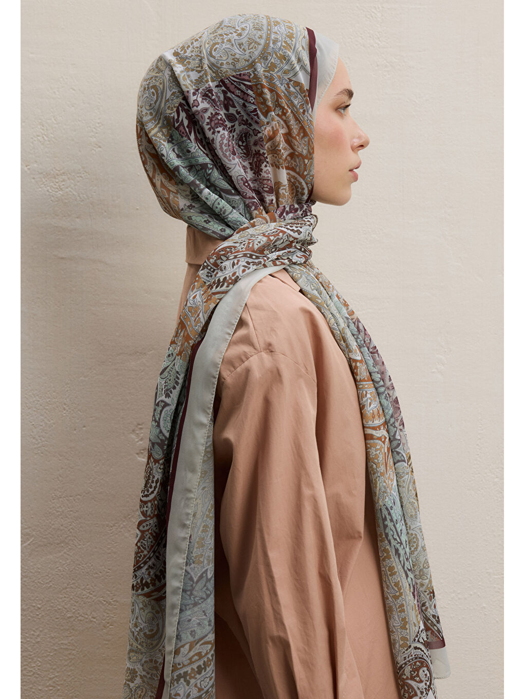 Kahverengi Paısley Patch Desen İpek Krep Şal Toprak-3
