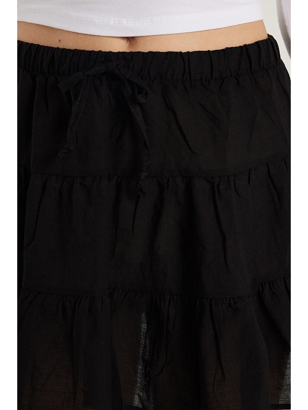 Kadın Relax Fit Bağlama Detaylı Beli Lastikli Siyah Etek-2