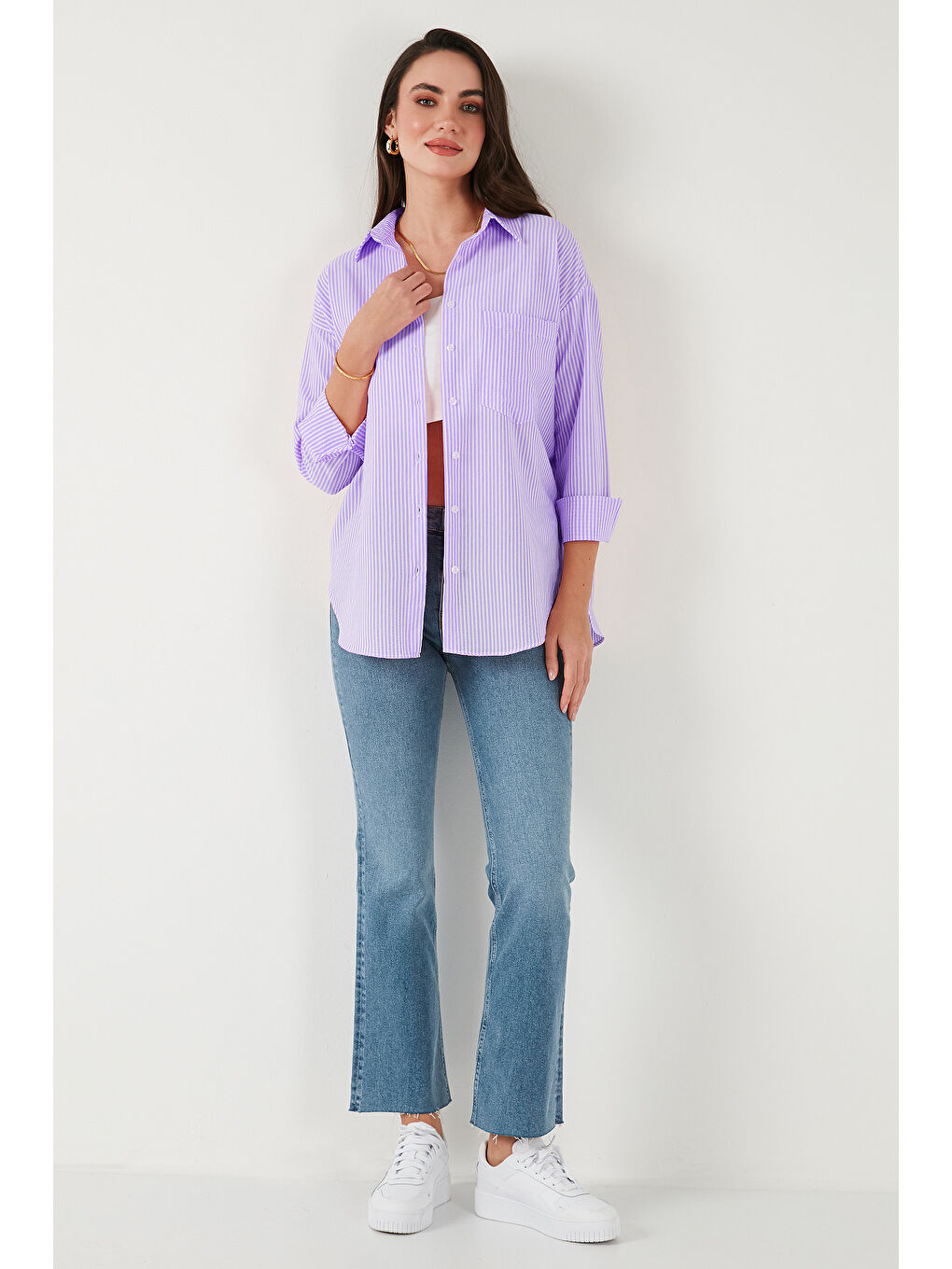 Lila Regular Fit Uzun Kollu Cepli Çizgili Kadın Gömlek 6772895-1