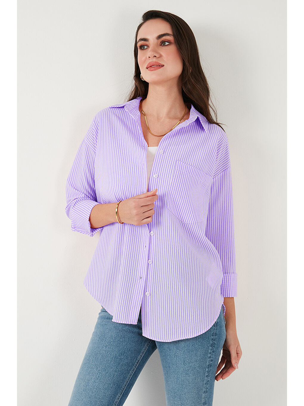 Lila Regular Fit Uzun Kollu Cepli Çizgili Kadın Gömlek 6772895-2