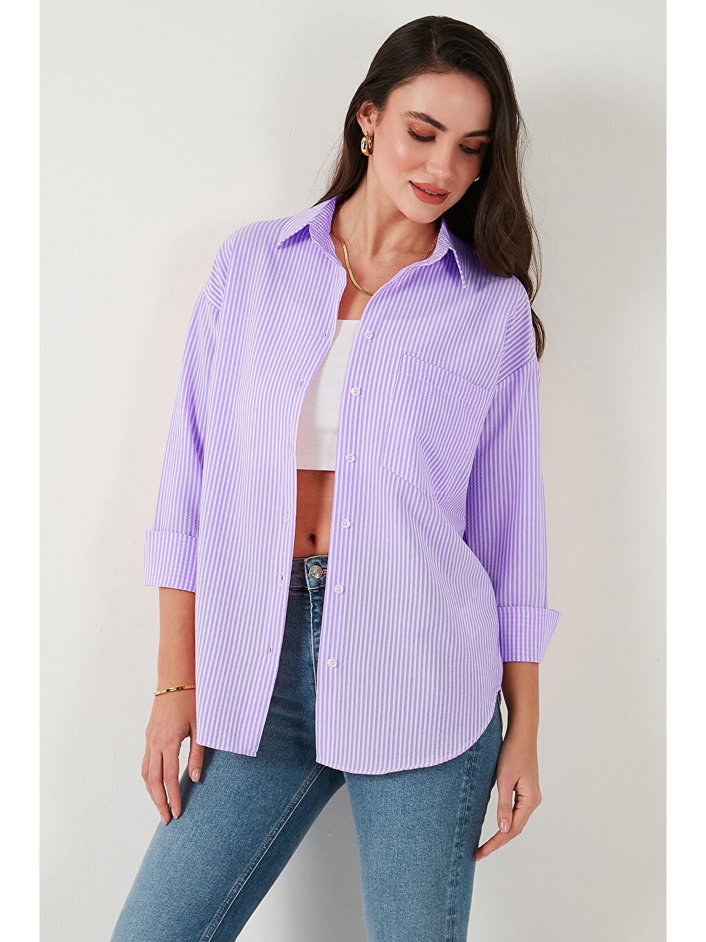 Lila Regular Fit Uzun Kollu Cepli Çizgili Kadın Gömlek 6772895-3