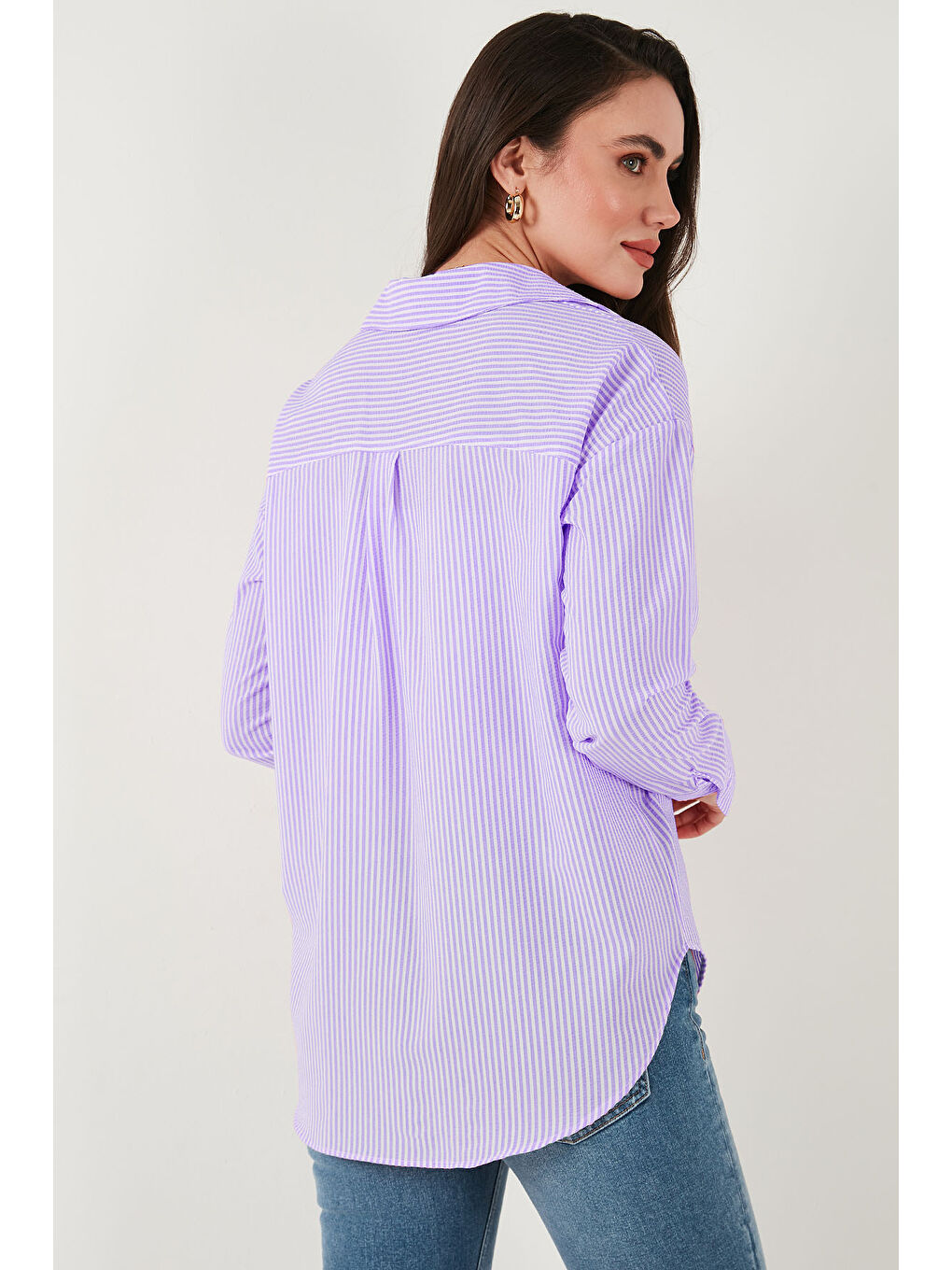 Lila Regular Fit Uzun Kollu Cepli Çizgili Kadın Gömlek 6772895-4