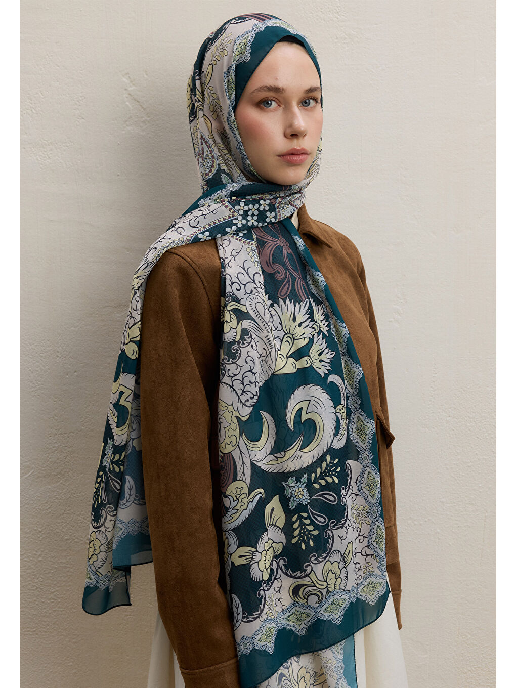 Poppıes Desen İpek Krep Şal Koyu Yeşil