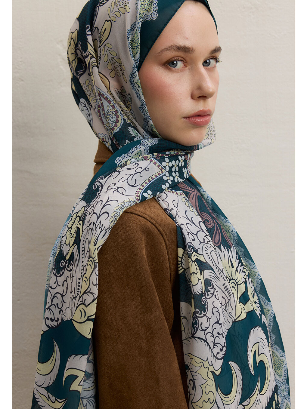 Poppıes Desen İpek Krep Şal Koyu Yeşil-1