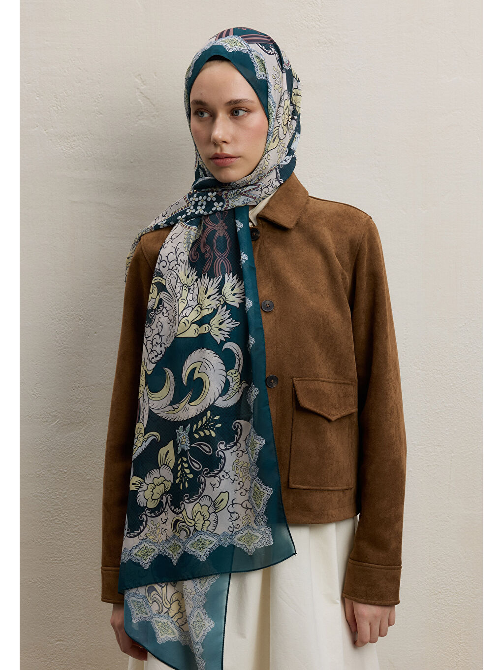 Poppıes Desen İpek Krep Şal Koyu Yeşil-3