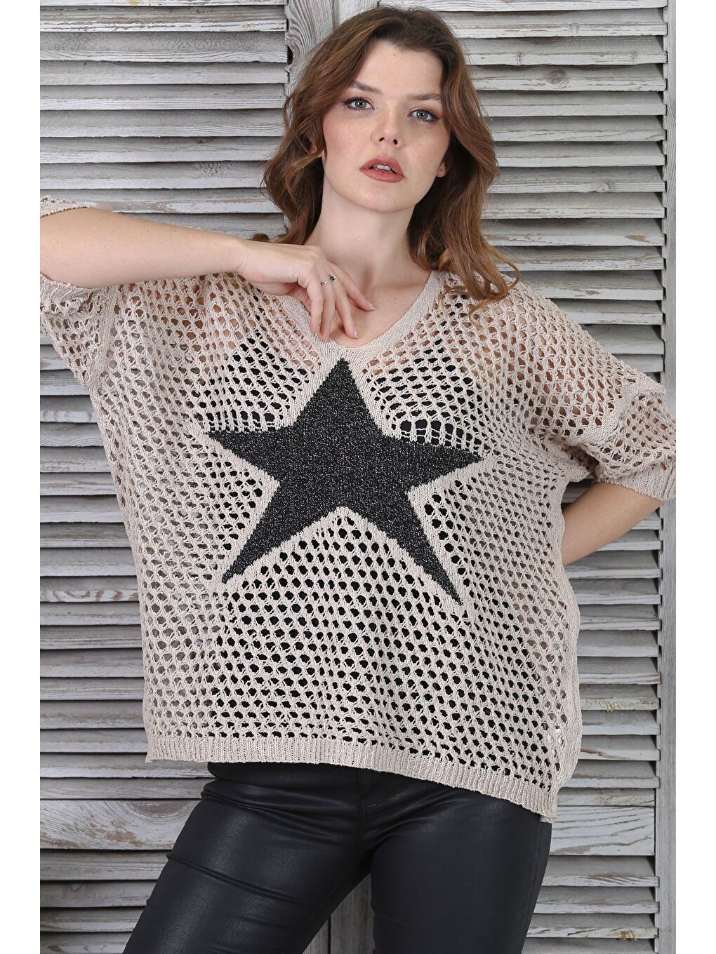 İtalyan Bej 3/4 Kol Simli Yıldız Desenli File Casual Triko Bluz 62 72