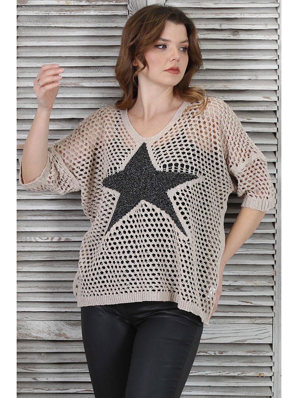 İtalyan Bej 3/4 Kol Simli Yıldız Desenli File Casual Triko Bluz 62 72-2