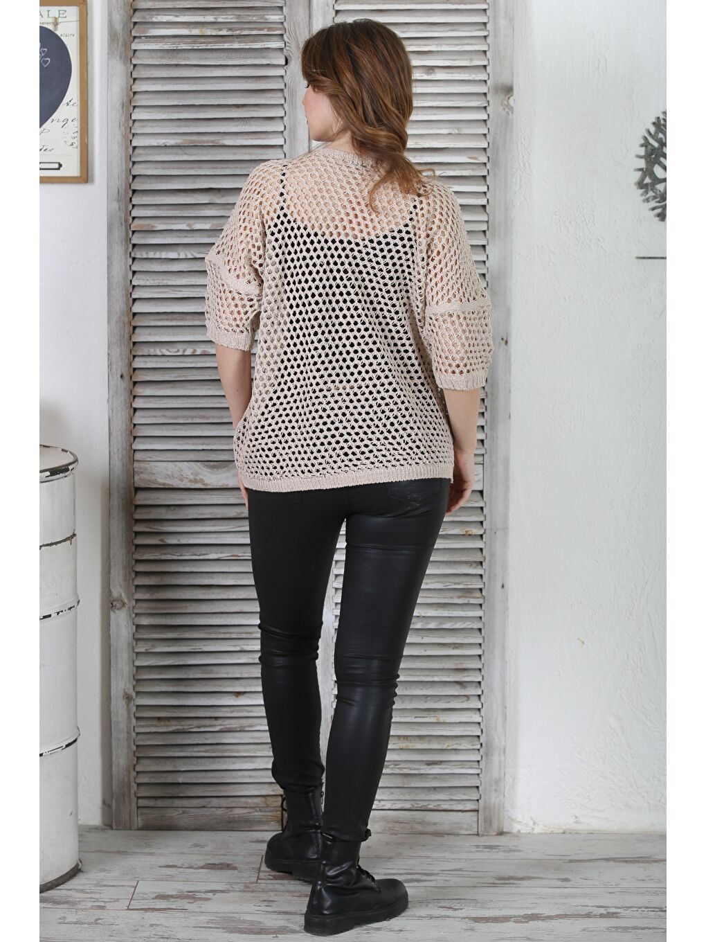 İtalyan Bej 3/4 Kol Simli Yıldız Desenli File Casual Triko Bluz 62 72-6