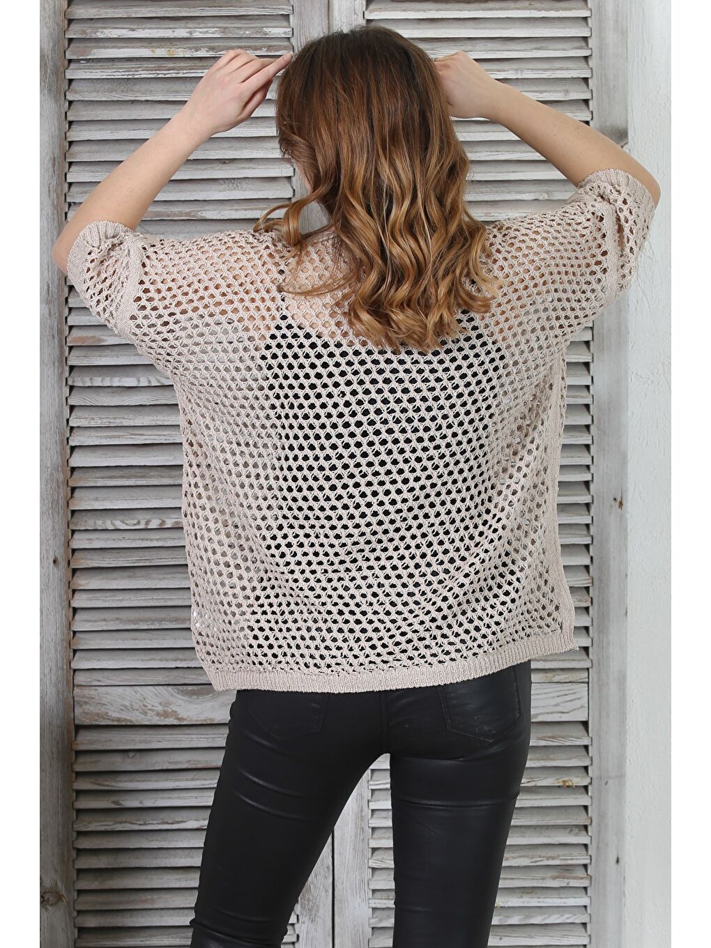 İtalyan Bej 3/4 Kol Simli Yıldız Desenli File Casual Triko Bluz 62 72-7