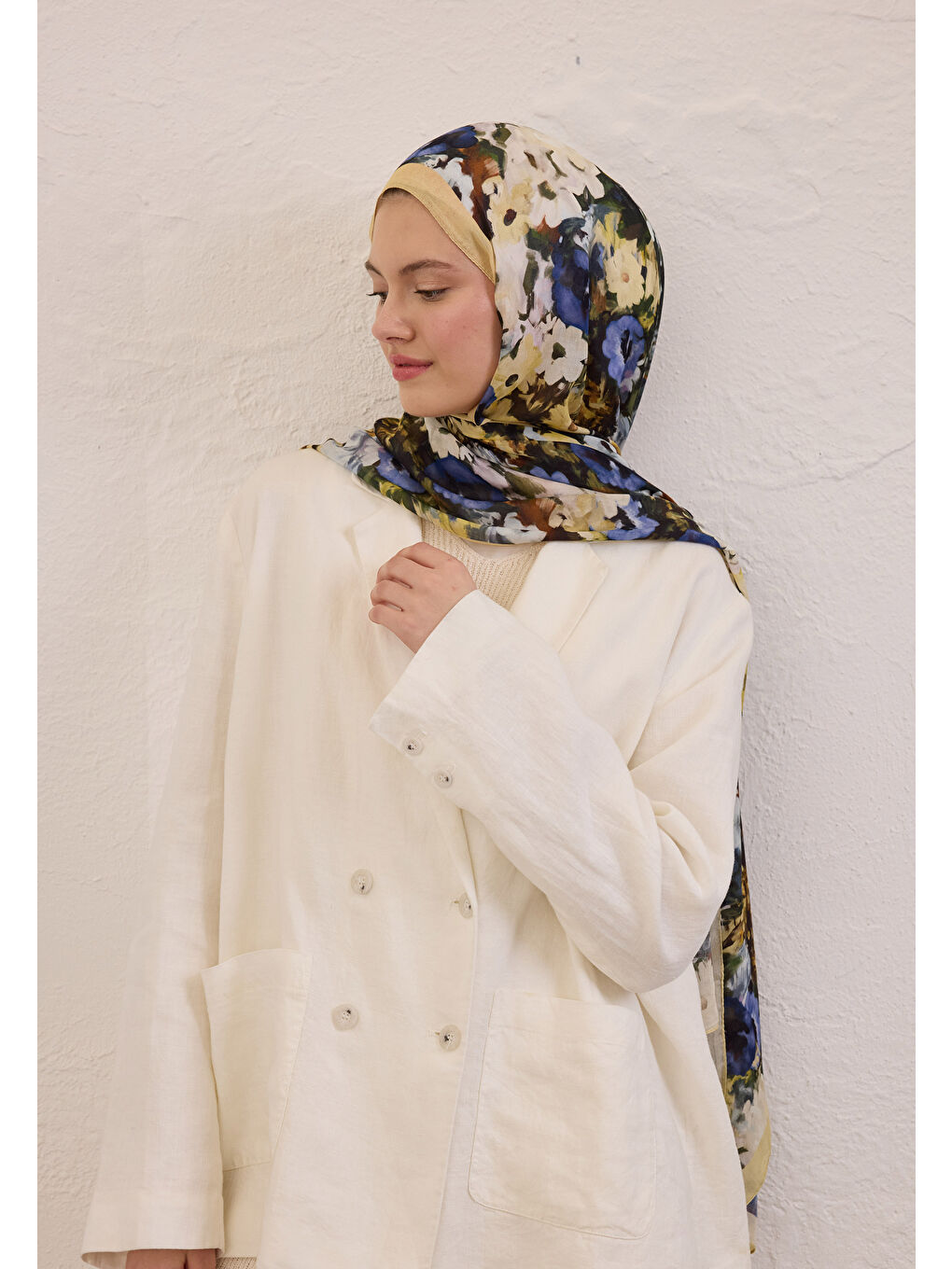 Sarı Beauty Blossom Desen Rami Şal Butter-1