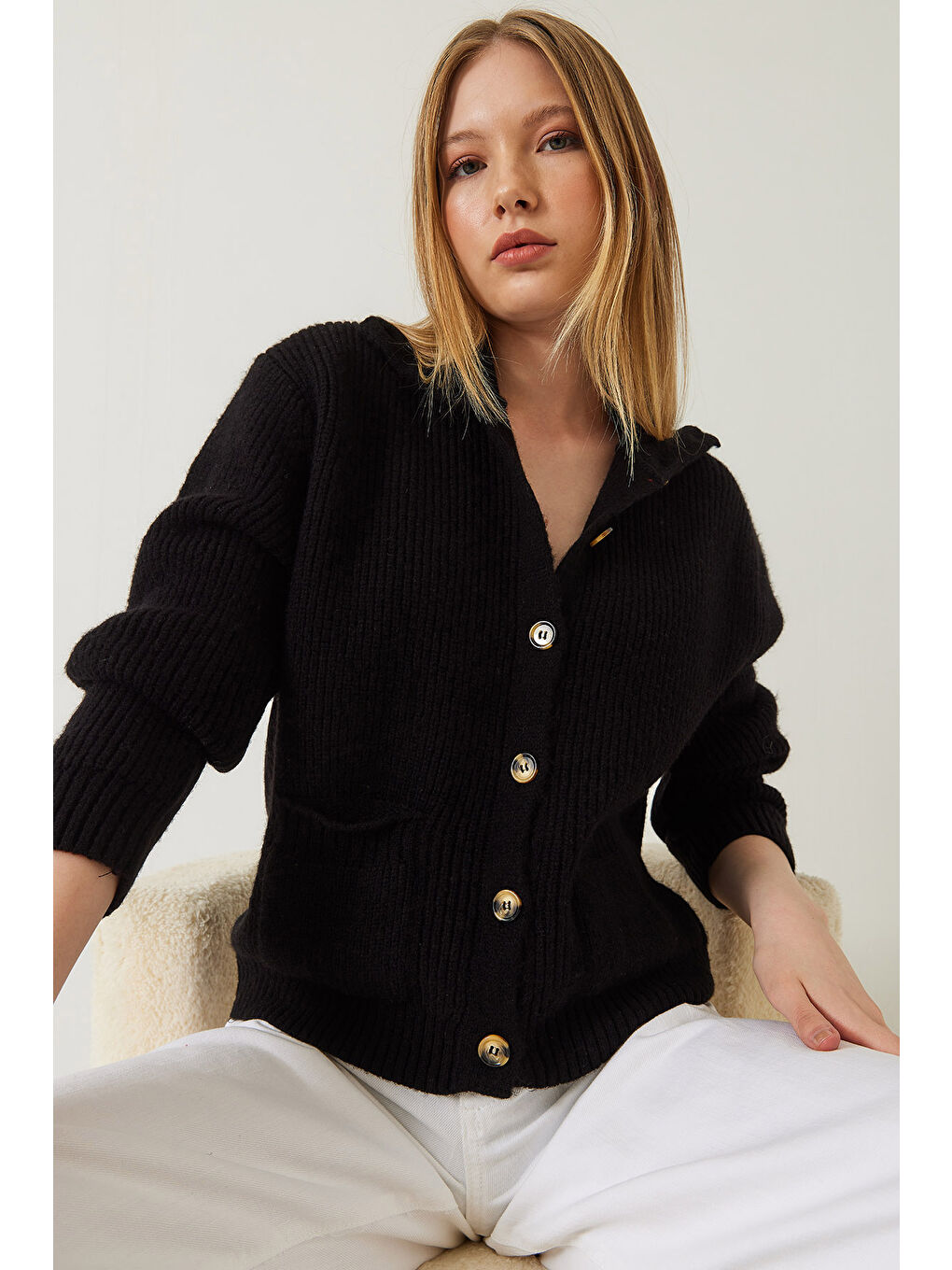 Siyah Kadın Selanik Örgü Cepli Triko Hırka-3