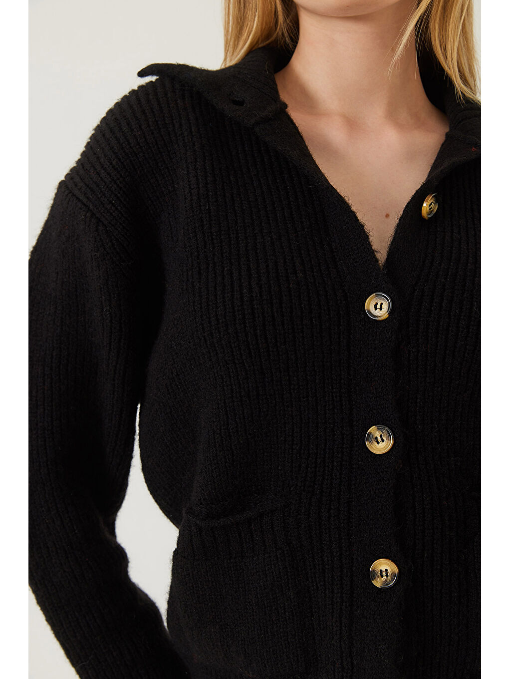 Siyah Kadın Selanik Örgü Cepli Triko Hırka-5