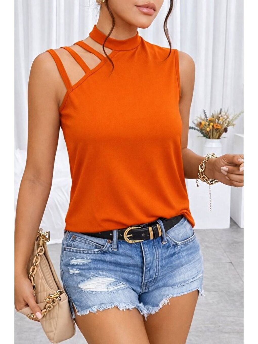 Turuncu Kadın Omuzdan şerit Detaylı Yarı Balıkçı Yaka Viskon Bluz-1