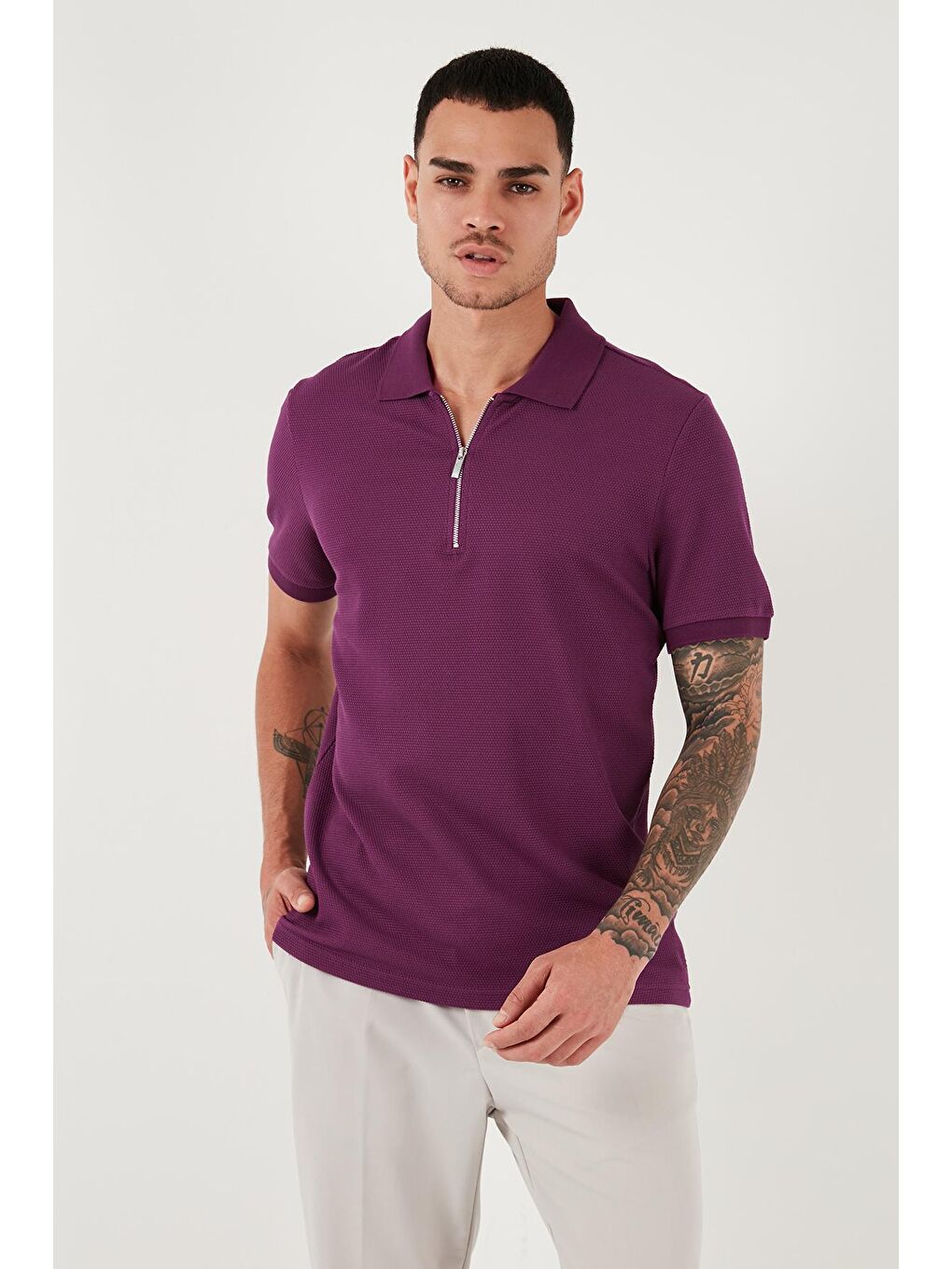 Buratti Mürdüm Pamuklu Regular Fit Fermuarlı Polo Yaka Erkek T Shirt 5902915 - 2