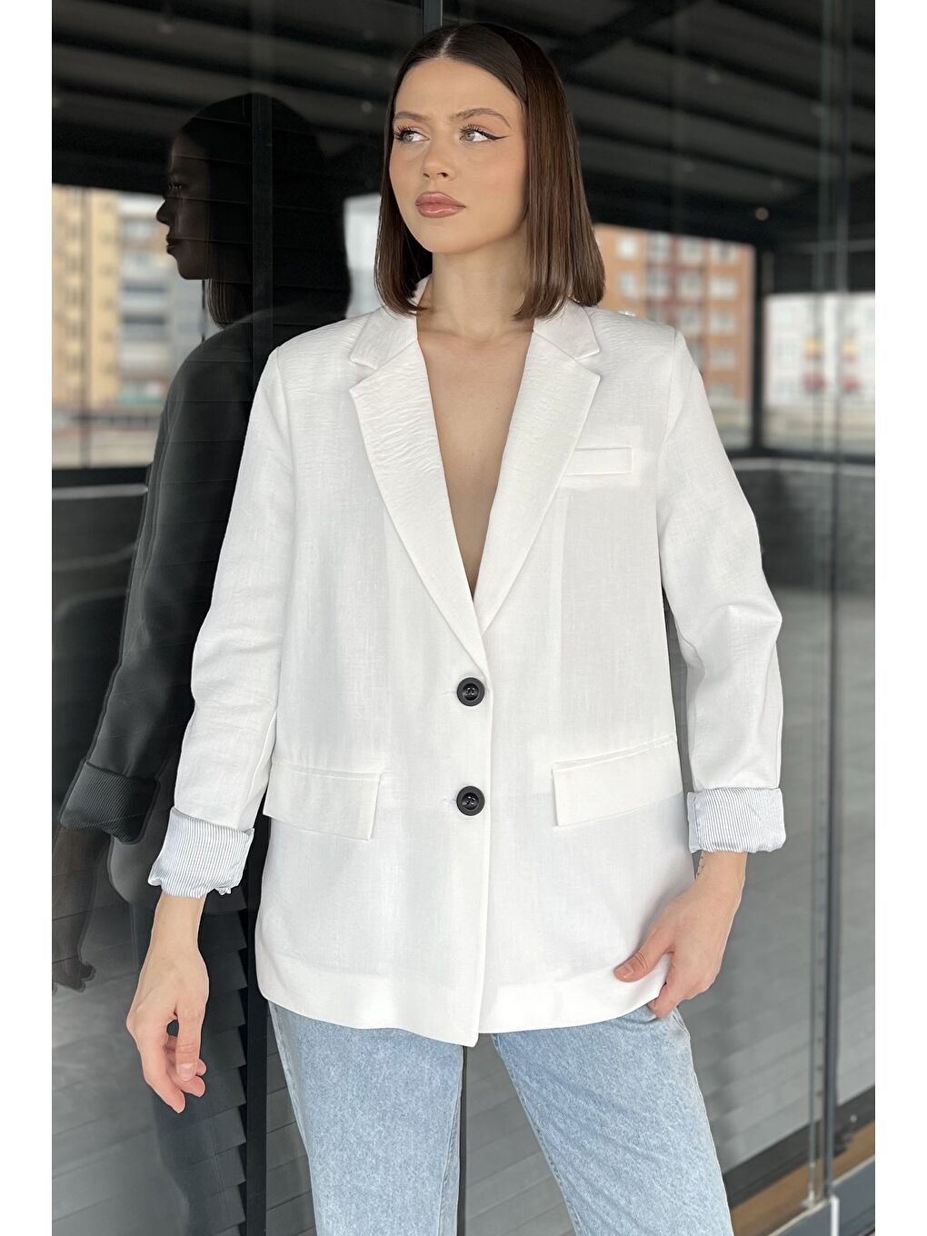 Ekru Kadın Astarlı Blazer Ceket