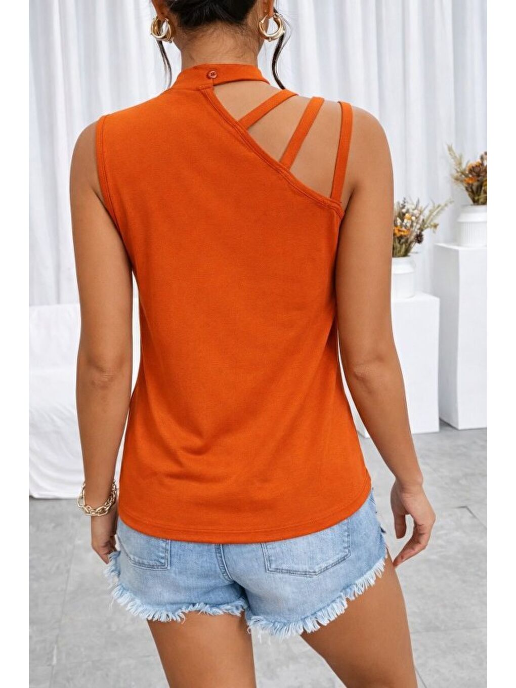 Turuncu Kadın Omuzdan şerit Detaylı Yarı Balıkçı Yaka Viskon Bluz-2