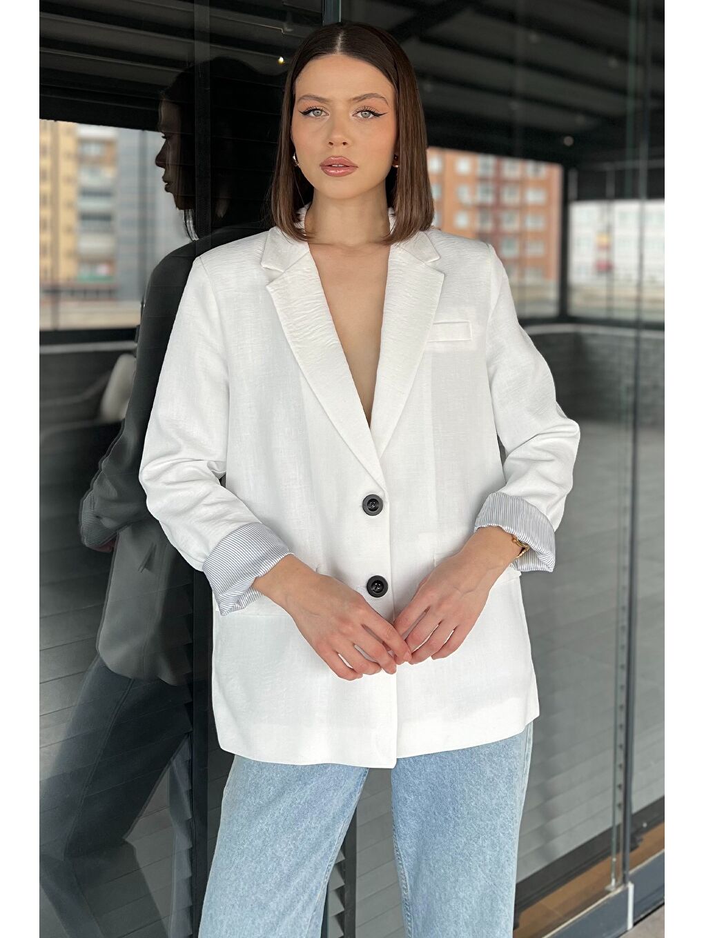 Ekru Kadın Astarlı Blazer Ceket-1