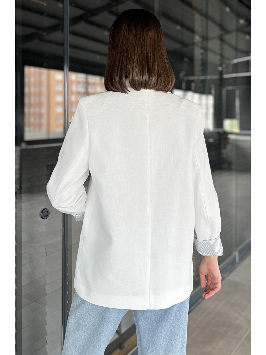 Ekru Kadın Astarlı Blazer Ceket-2