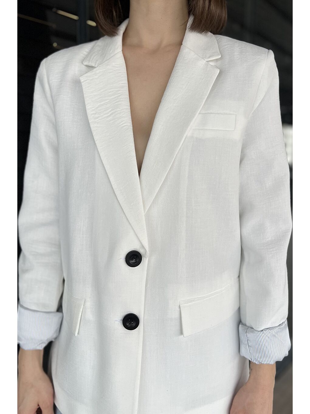 Ekru Kadın Astarlı Blazer Ceket-3