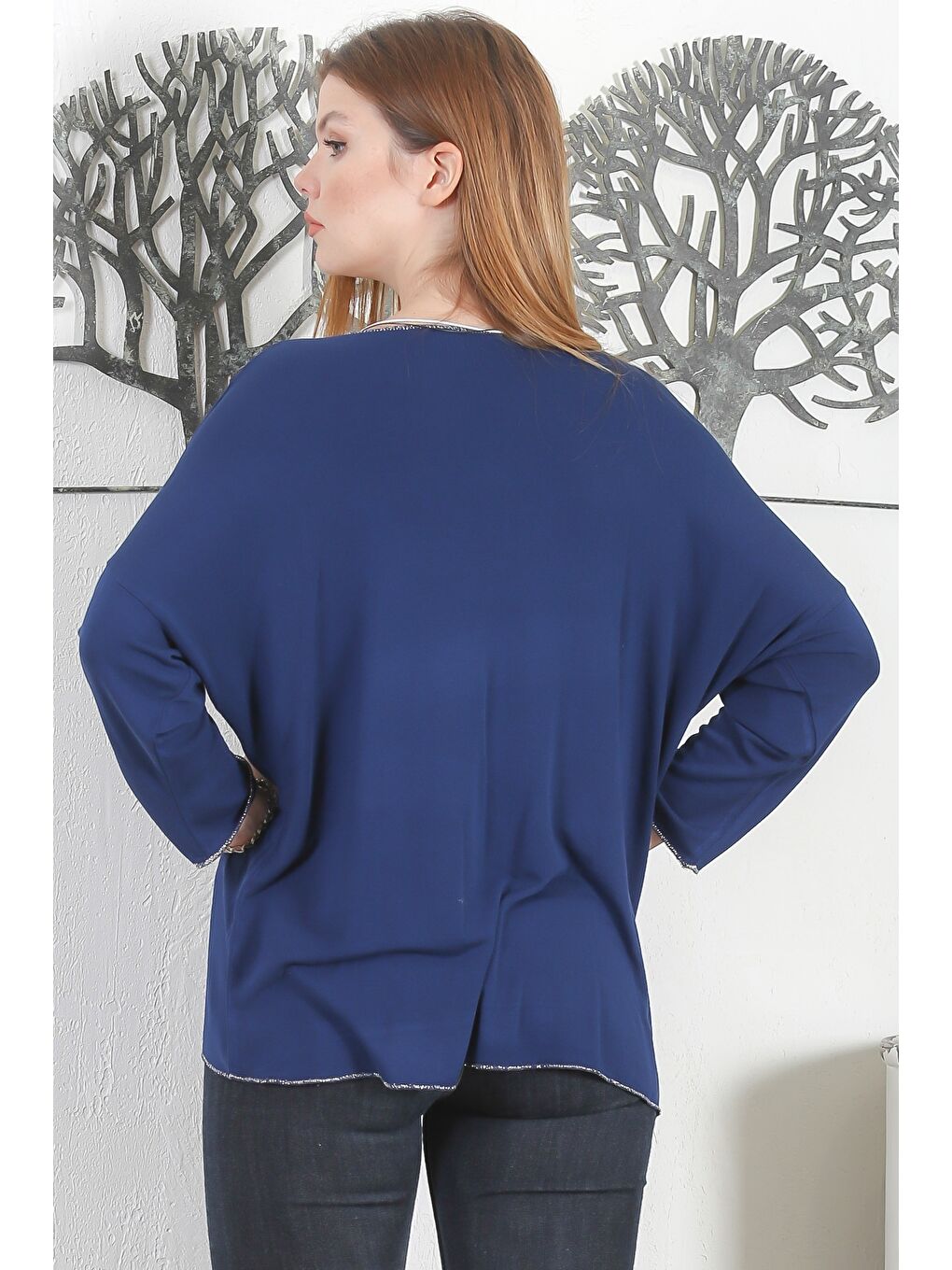 Lacivert Yaka Uzun Kol Yaka Ve Etek Ucu Lurex İpli Casual Kolyeli Triko Bluz-7