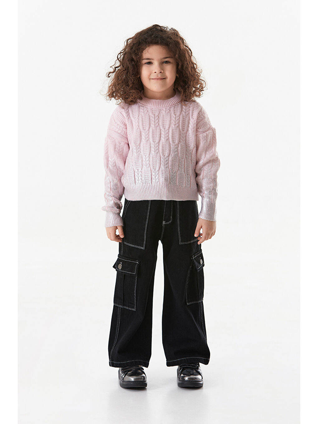 Pembe Saç Örgüsü Desenli Jakarlı Kız Çocuk Kazak-2