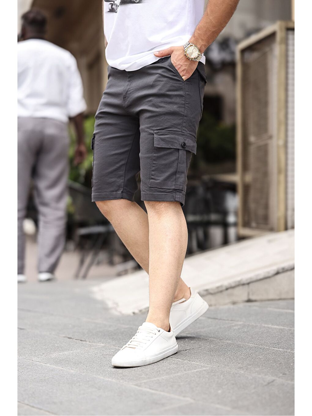Erkek Antrasit Beli Lastikli Cepli Bermuda Şort