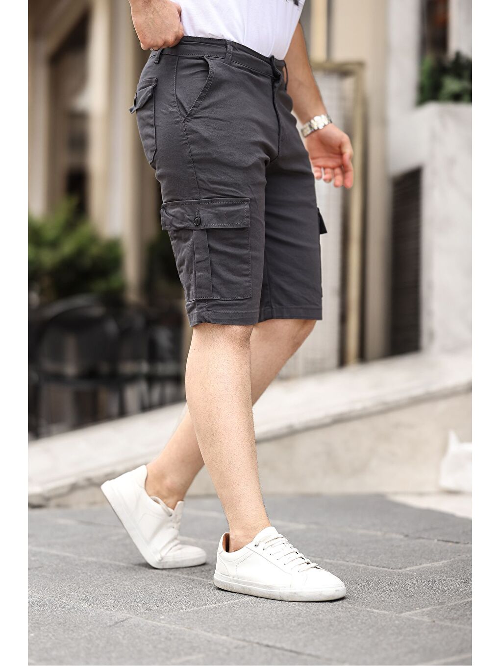 Erkek Antrasit Beli Lastikli Cepli Bermuda Şort-1